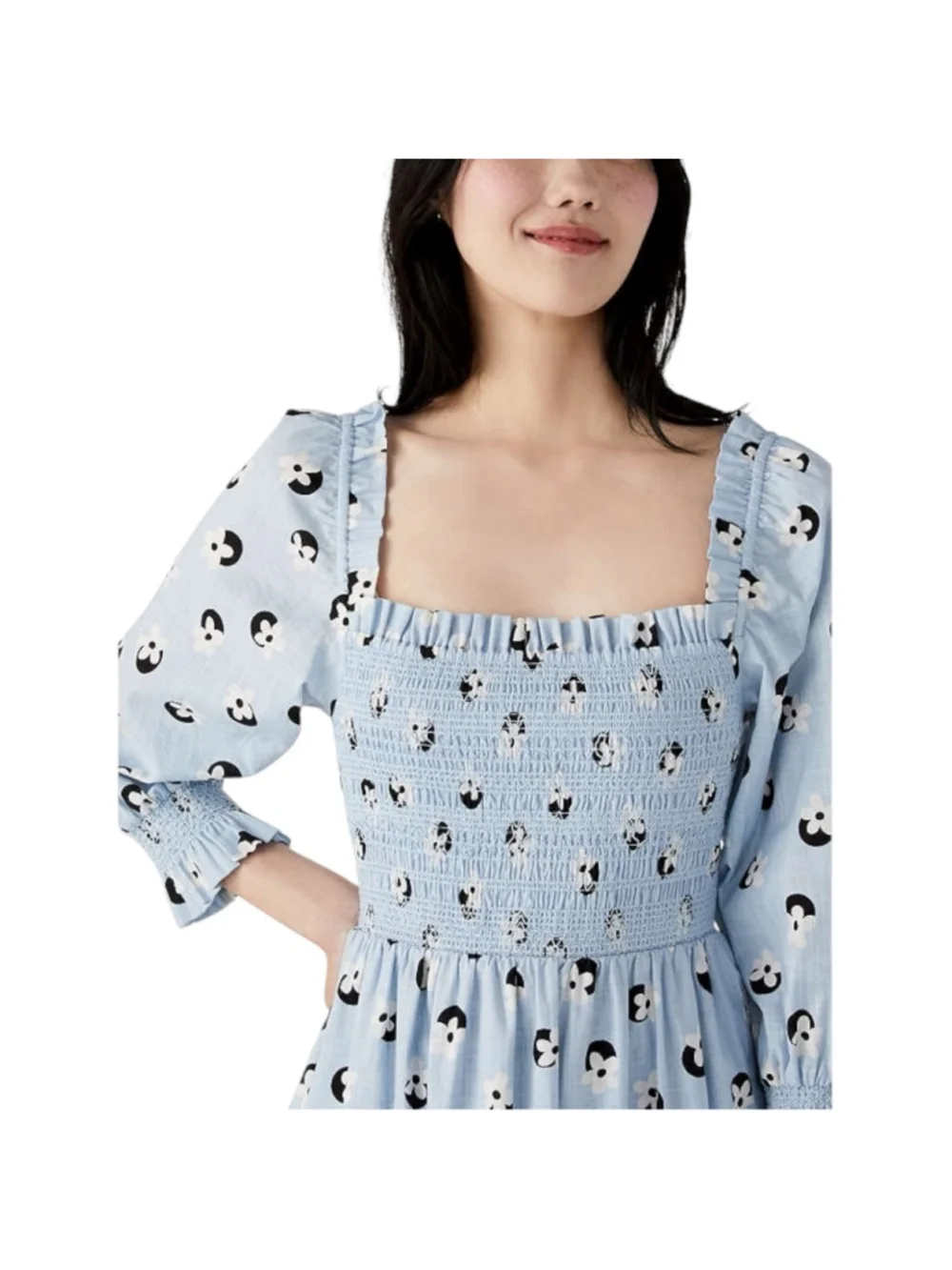KATE SPADE NEW YORK Floral Dot Smocked Midi Dress Light Blue Size Small NWT